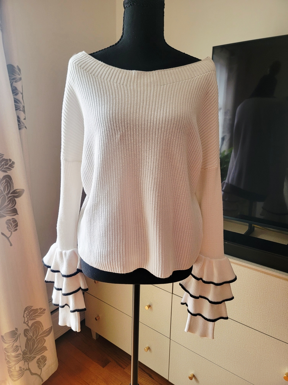 Express Cream Knit Wide Neck Pullover 3 Layer Ruffle Bell Sleeves Sweater